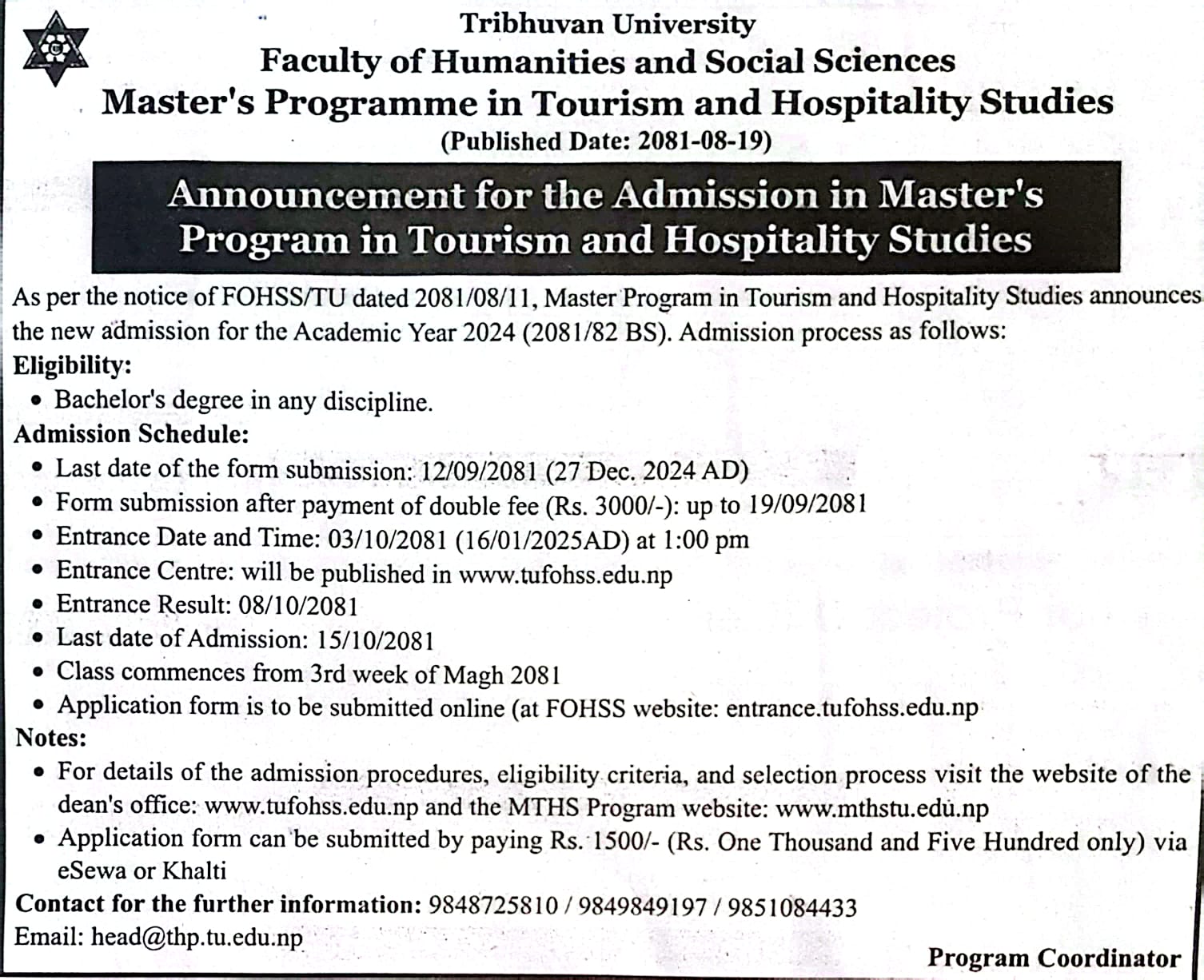 Admission in Master's Programme in Tourism and Hospitality Studies (MTHS)​